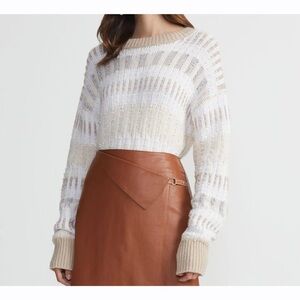 Lafayette 148 New York Stripe Mixed Stitch Chunky Knit Cream Crewneck Sweater XS